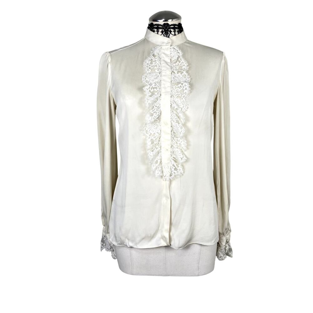 Dolce & Gabbana Lace Victorian Silk Ruffle Button Down Women's Blouse 38 READ